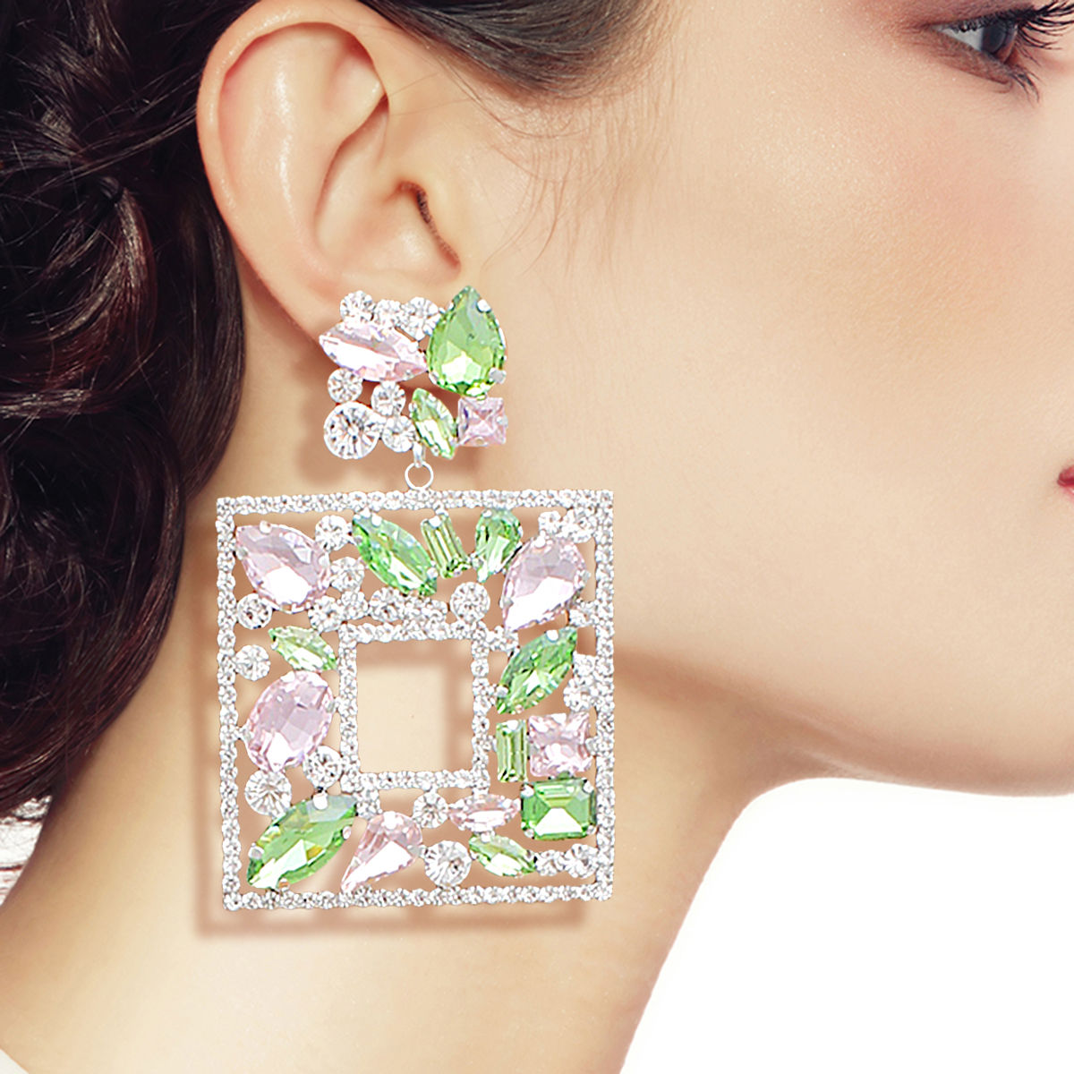 Light Pink Green Glass Crystal Square Earrings