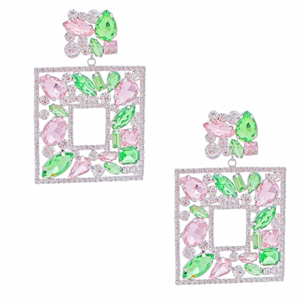 Light Pink Green Glass Crystal Square Earrings