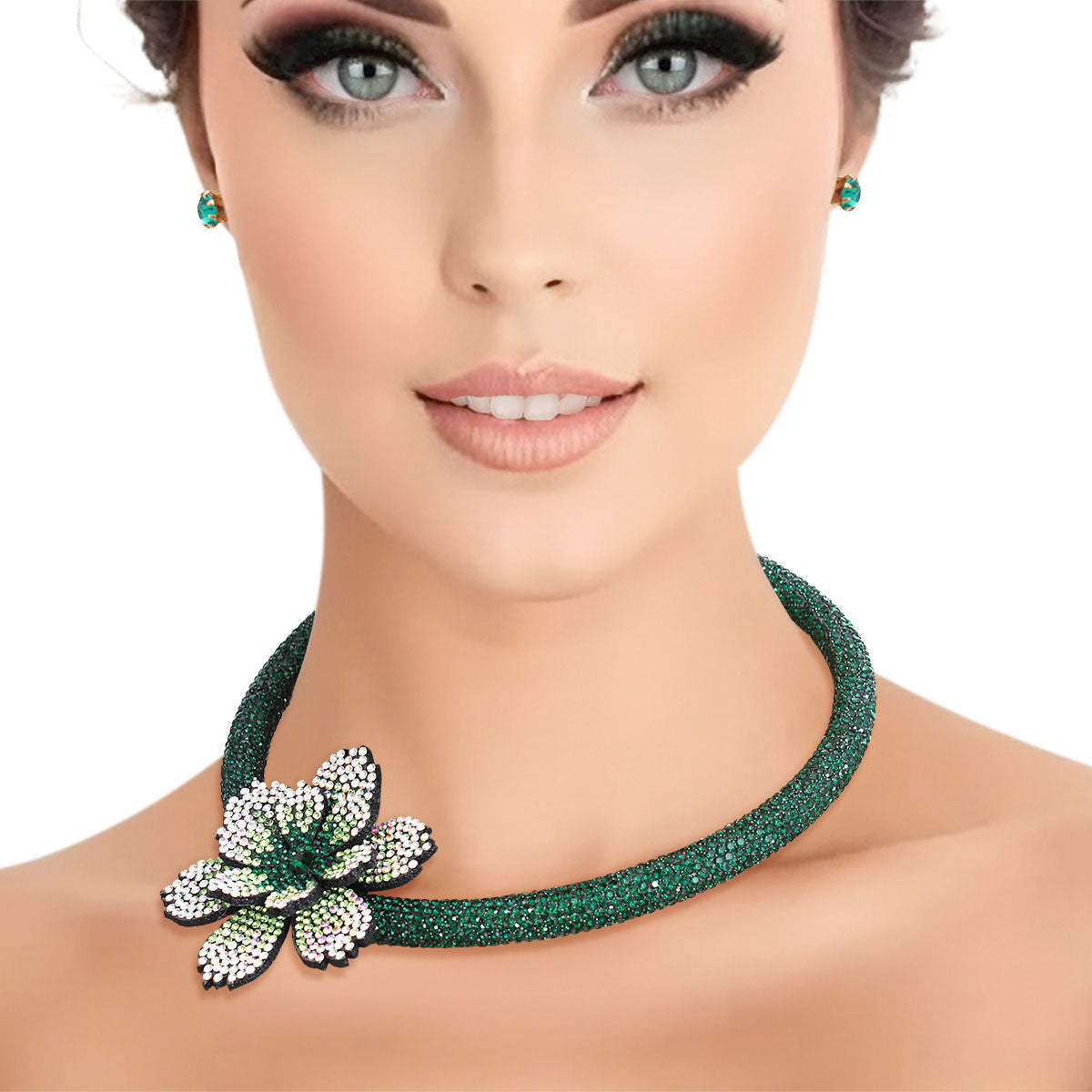 Choker Green Bling Offset Flower Set for Women