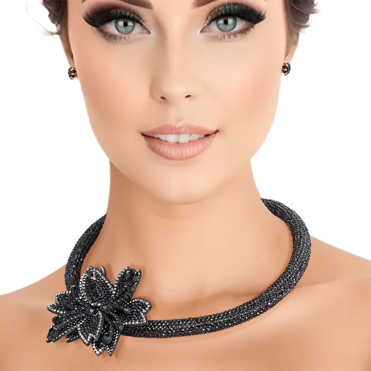 Choker Black Bling Pointed Flower Set for Women