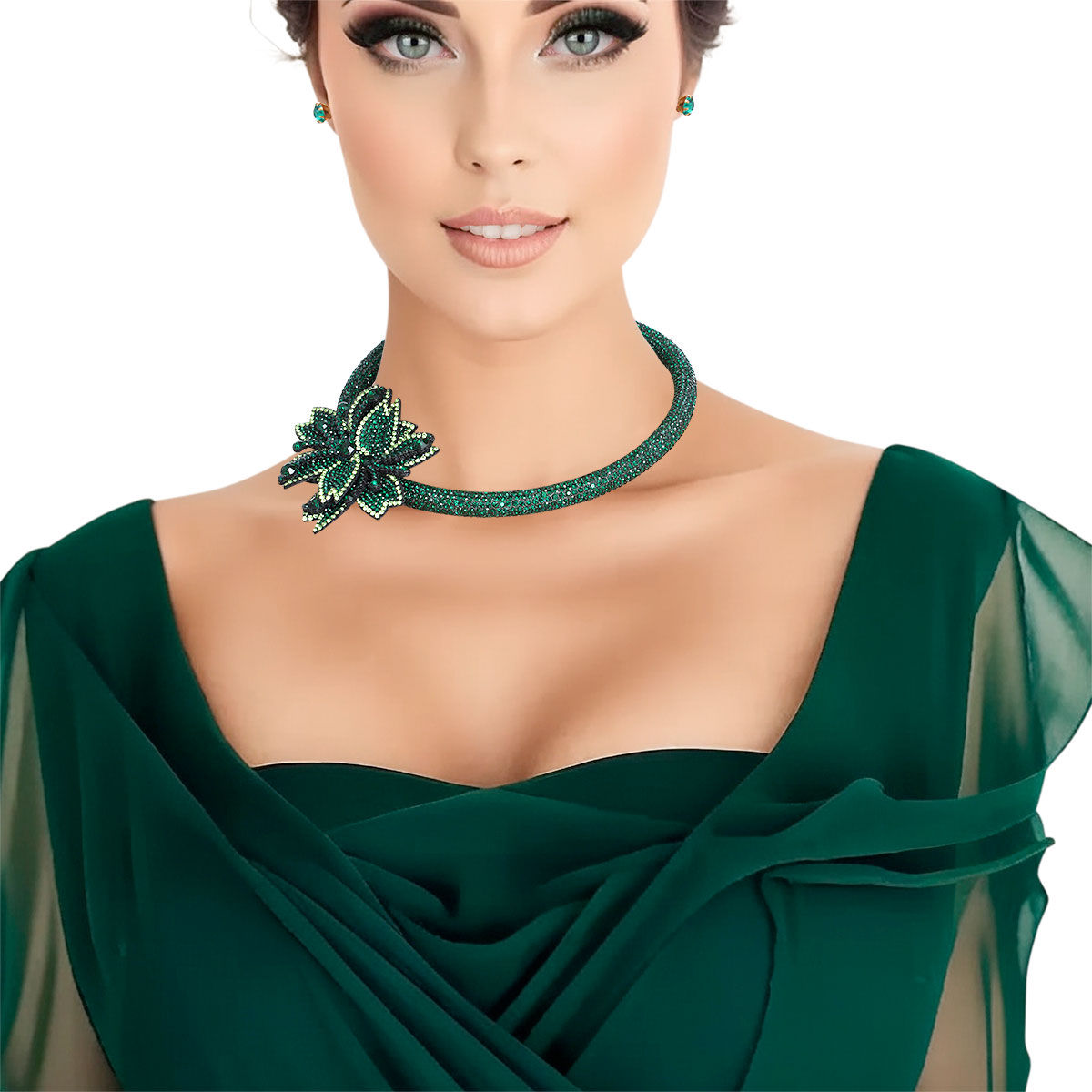 Choker Green Bling Pointed Flower Set for Women