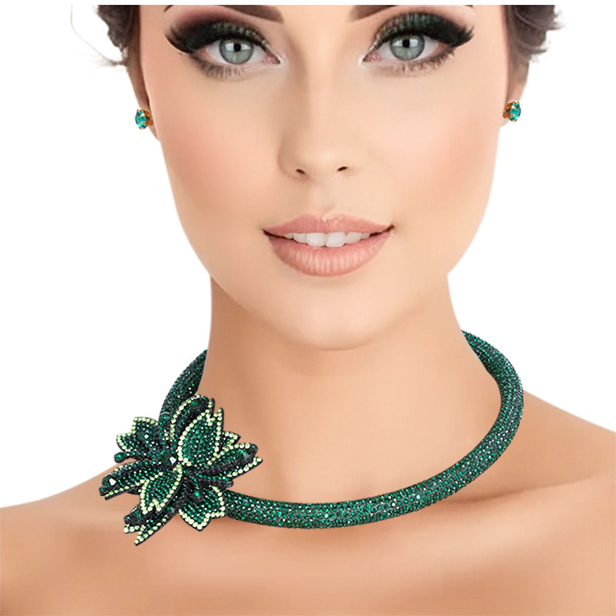 Choker Green Bling Pointed Flower Set for Women