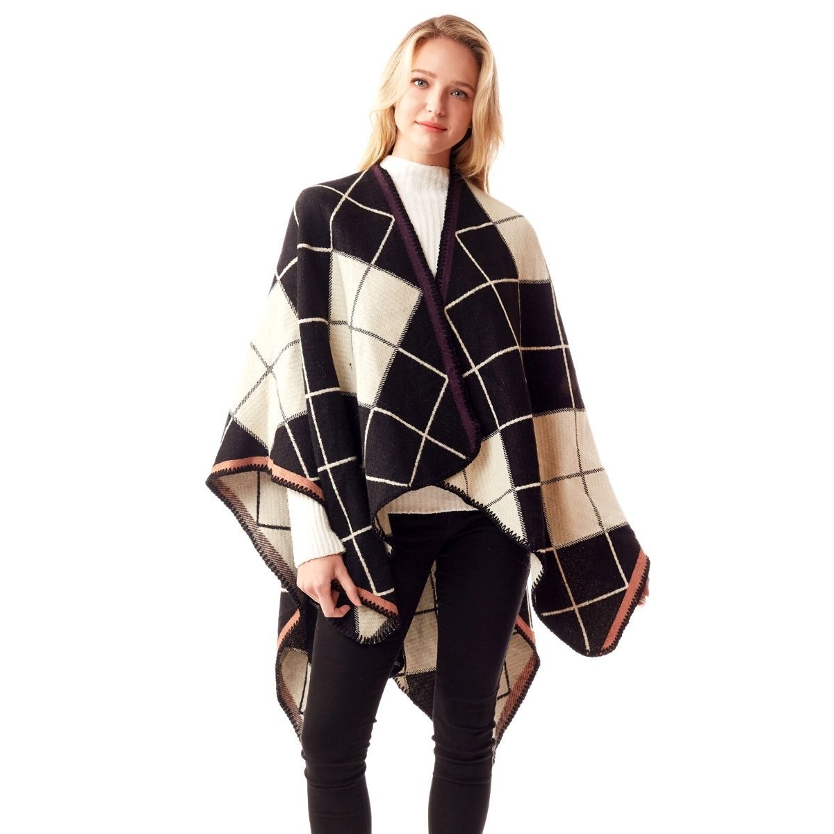 Black and White Plaid Knit Ruana