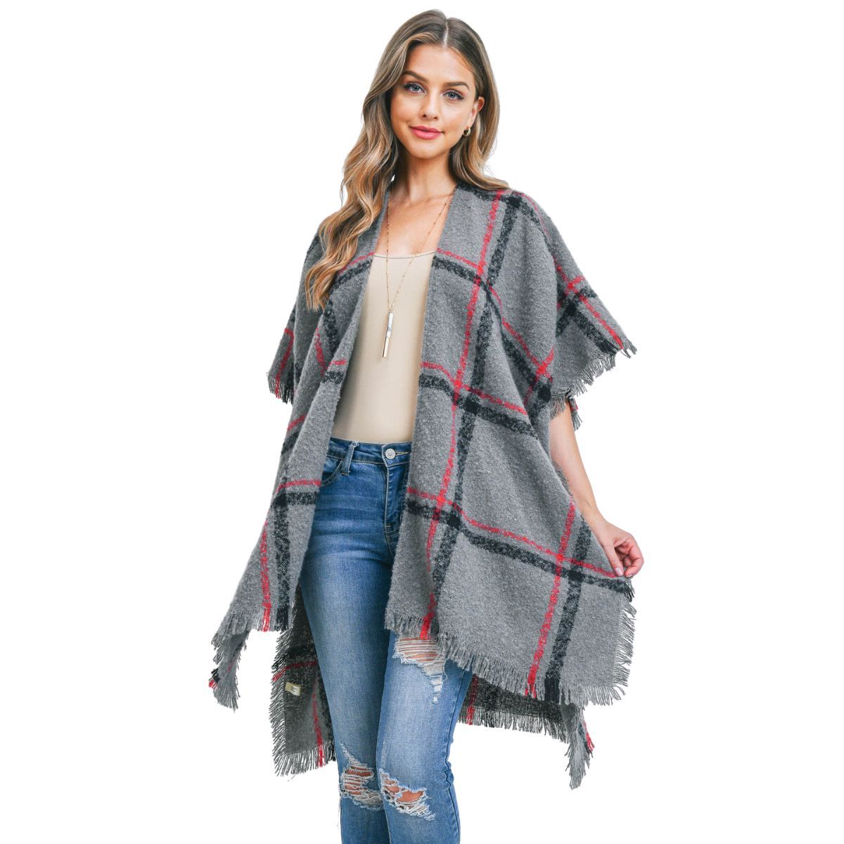 Gray Plaid Fringe Kimono