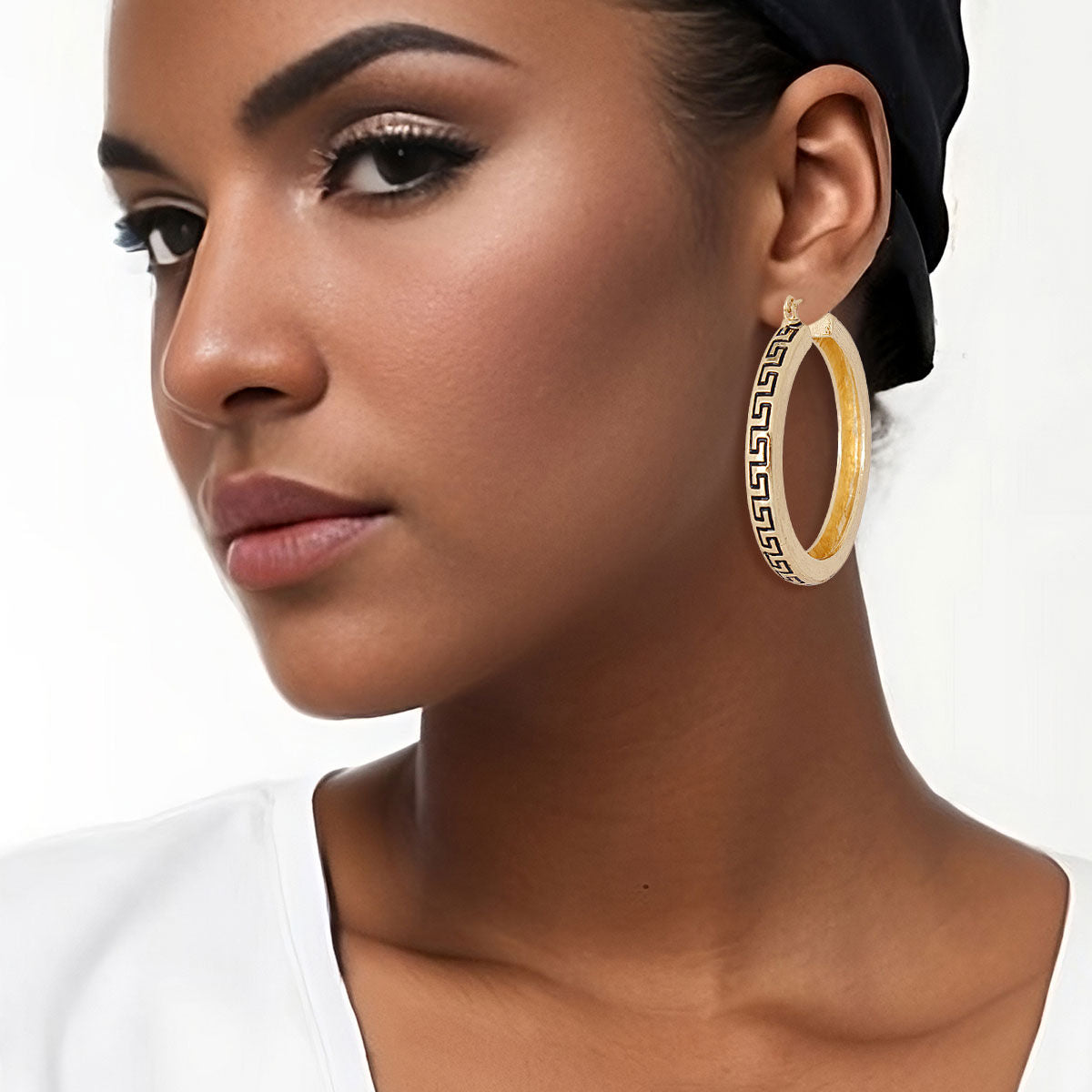 Gold Greek Key Latch Back Hoops