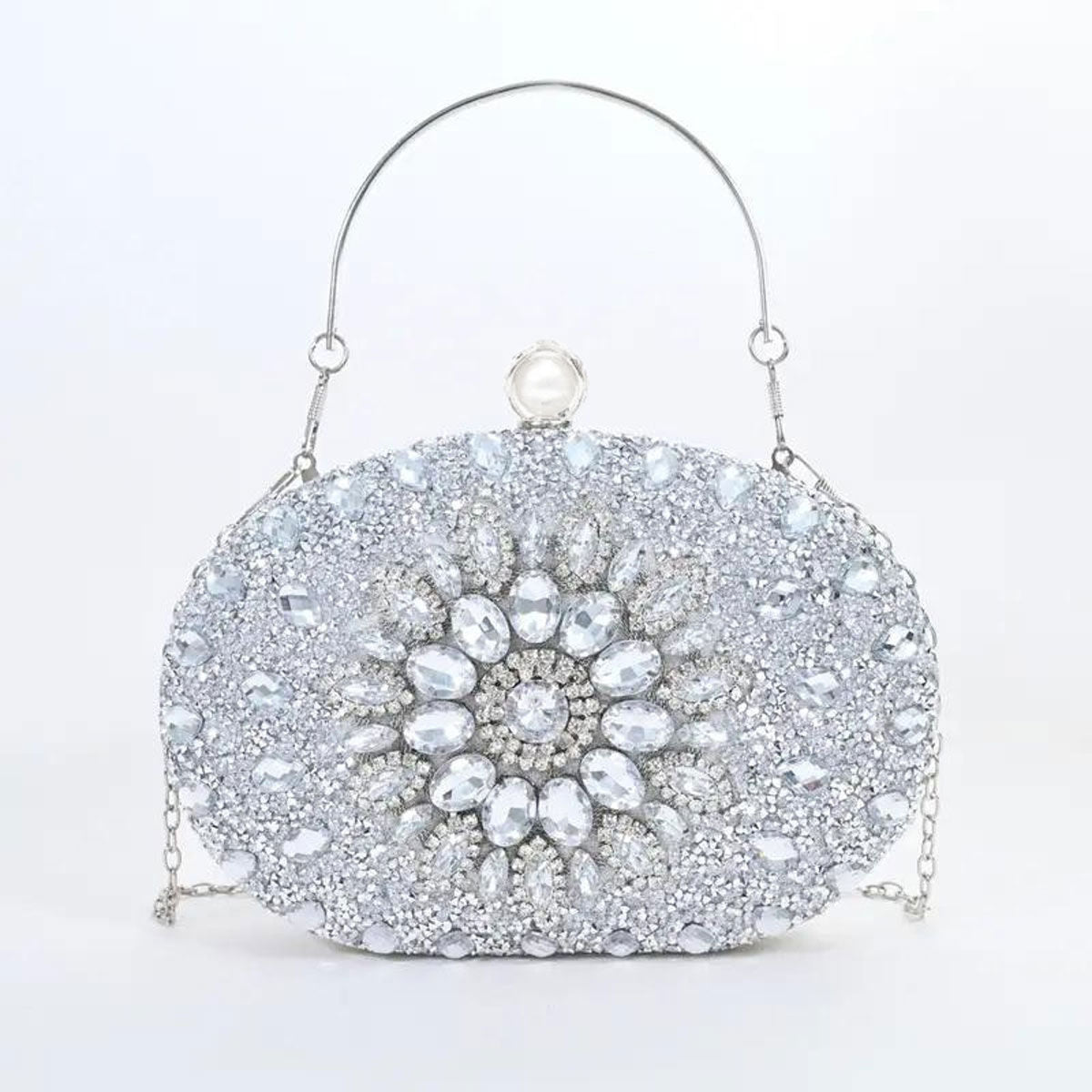 Clutch Silver Crystal Pearl Hard Case for Women