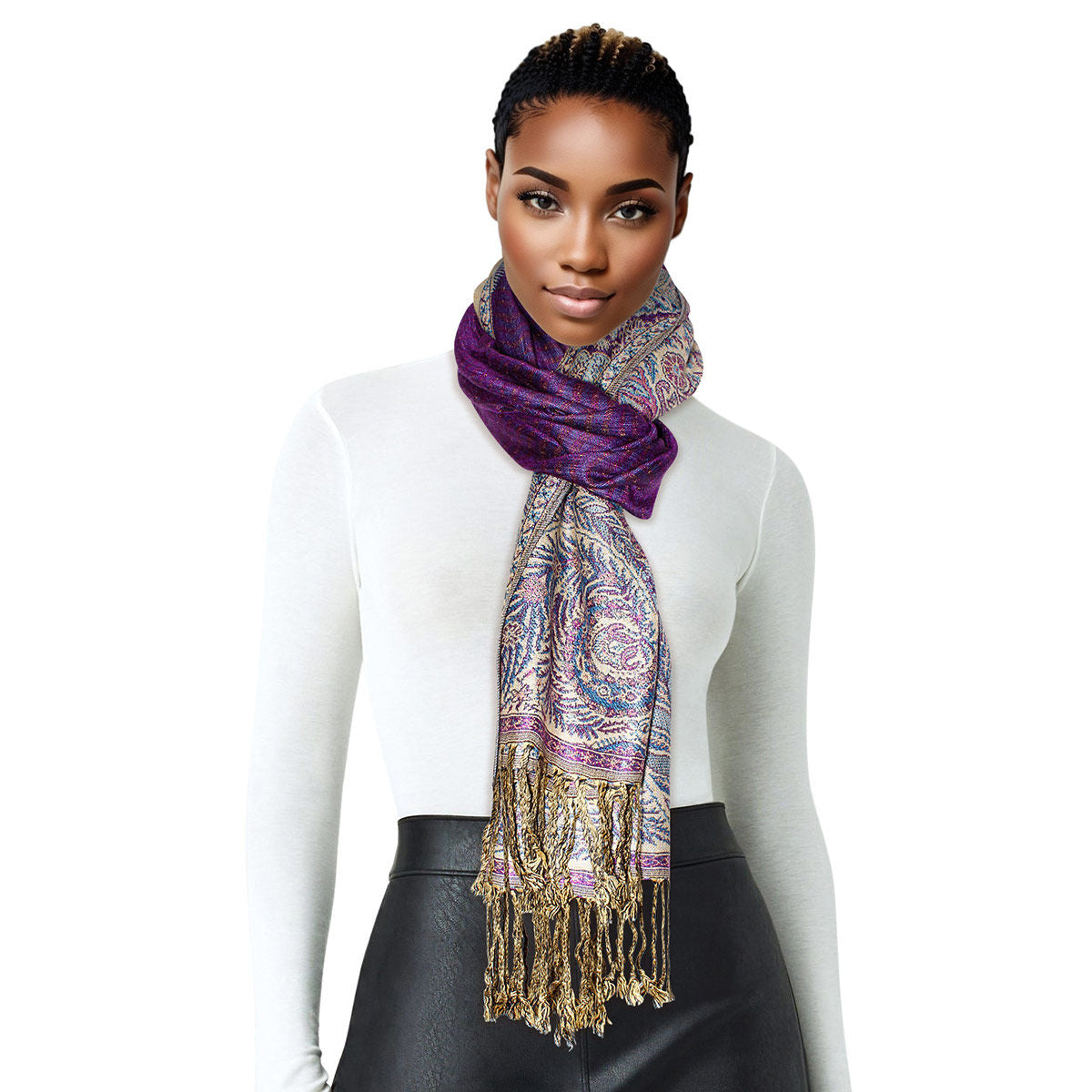 Pashmina Purple Boho Fringe Scarf for Women