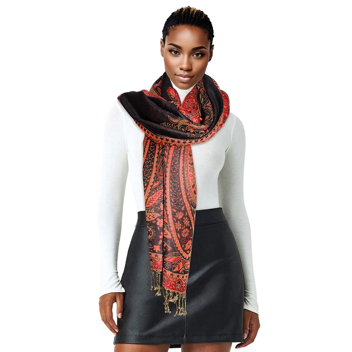 Pashmina Red Black Paisley Fringe Scarf for Women