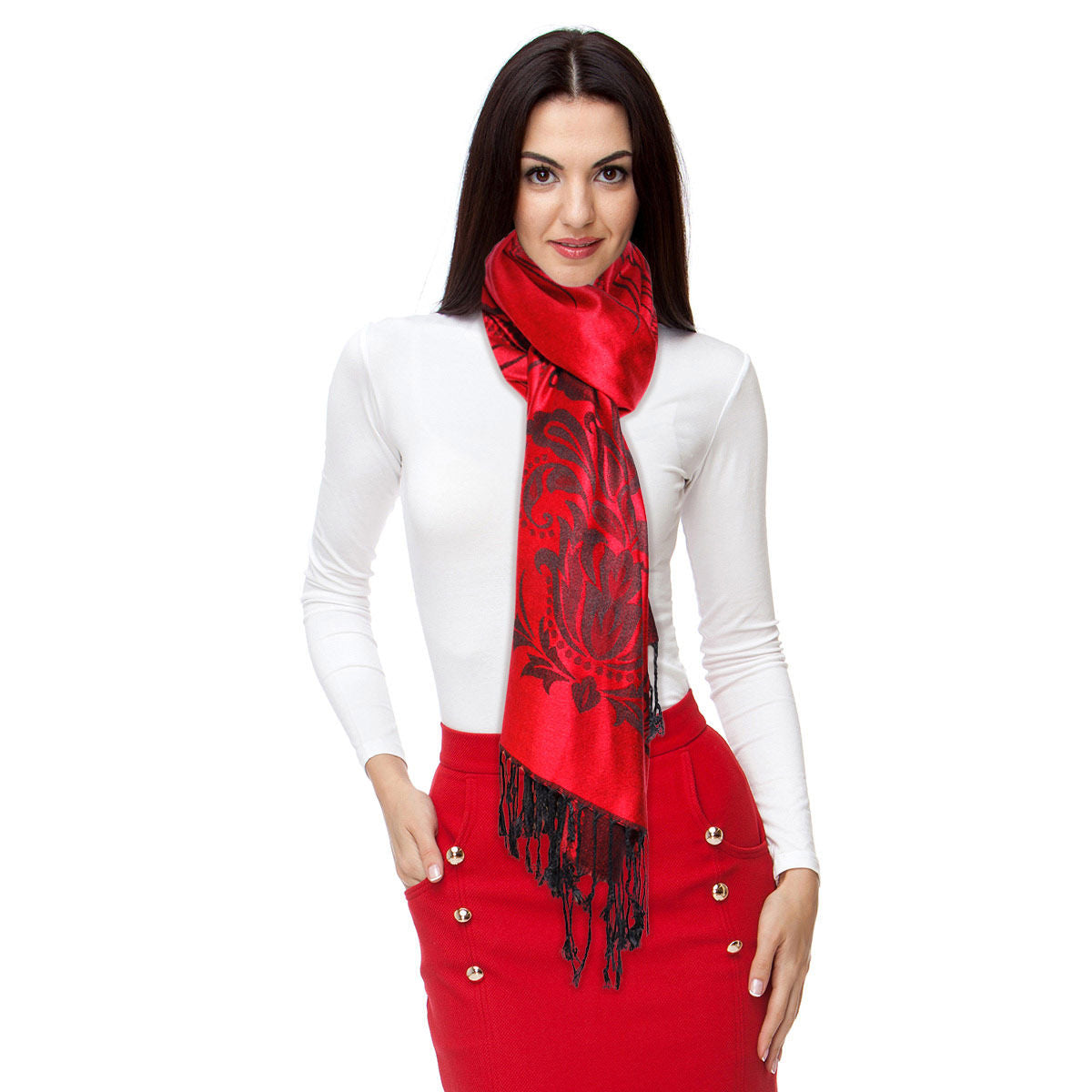 Pashmina Red Flower Fringe Scarf for Women