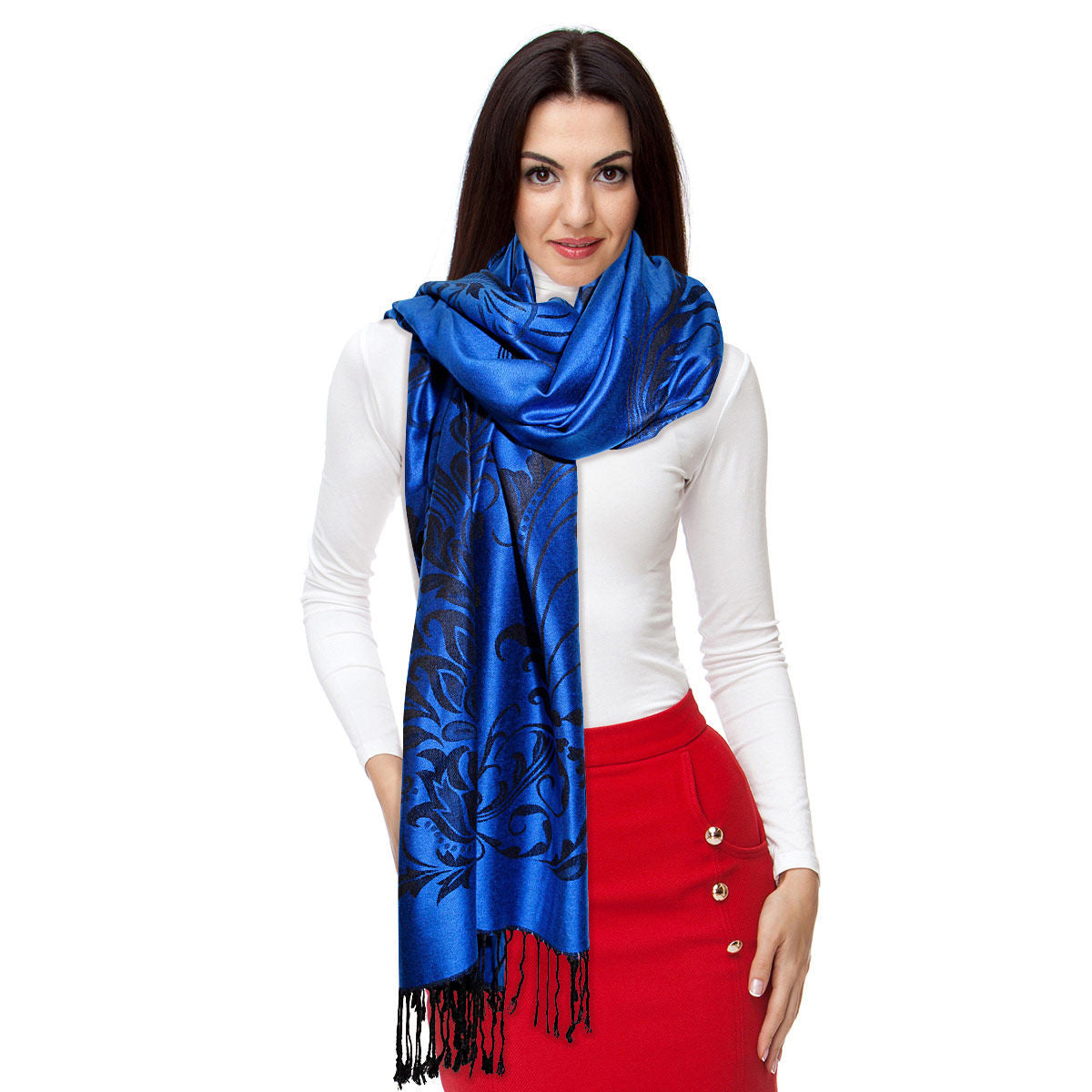 Pashmina Blue Flower Fringe Scarf for Women