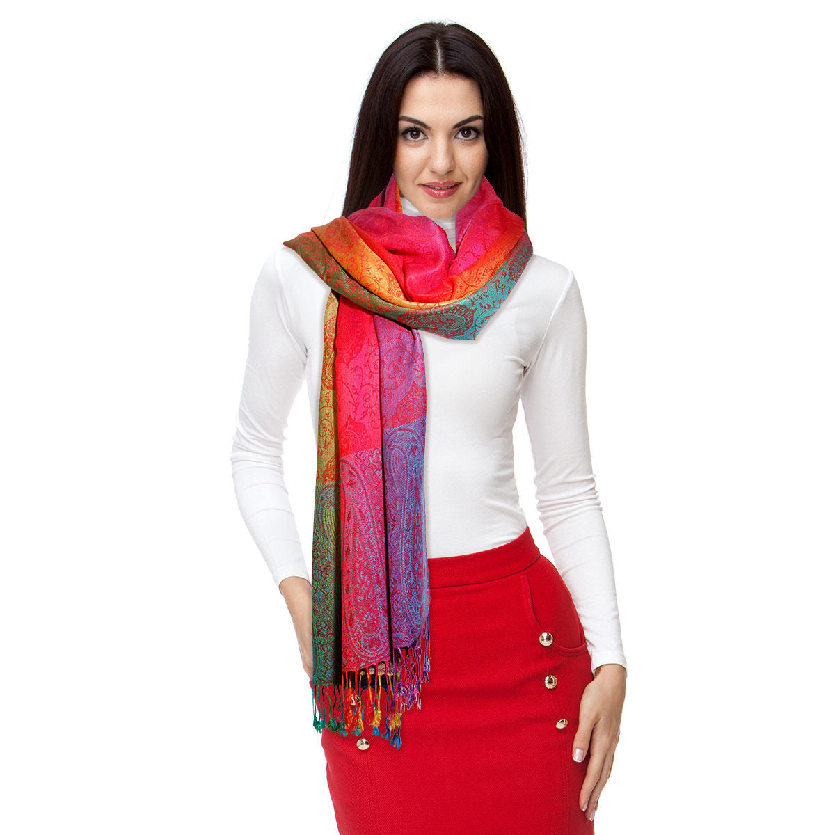 Pashmina Rainbow Red Paisley Scarf for Women