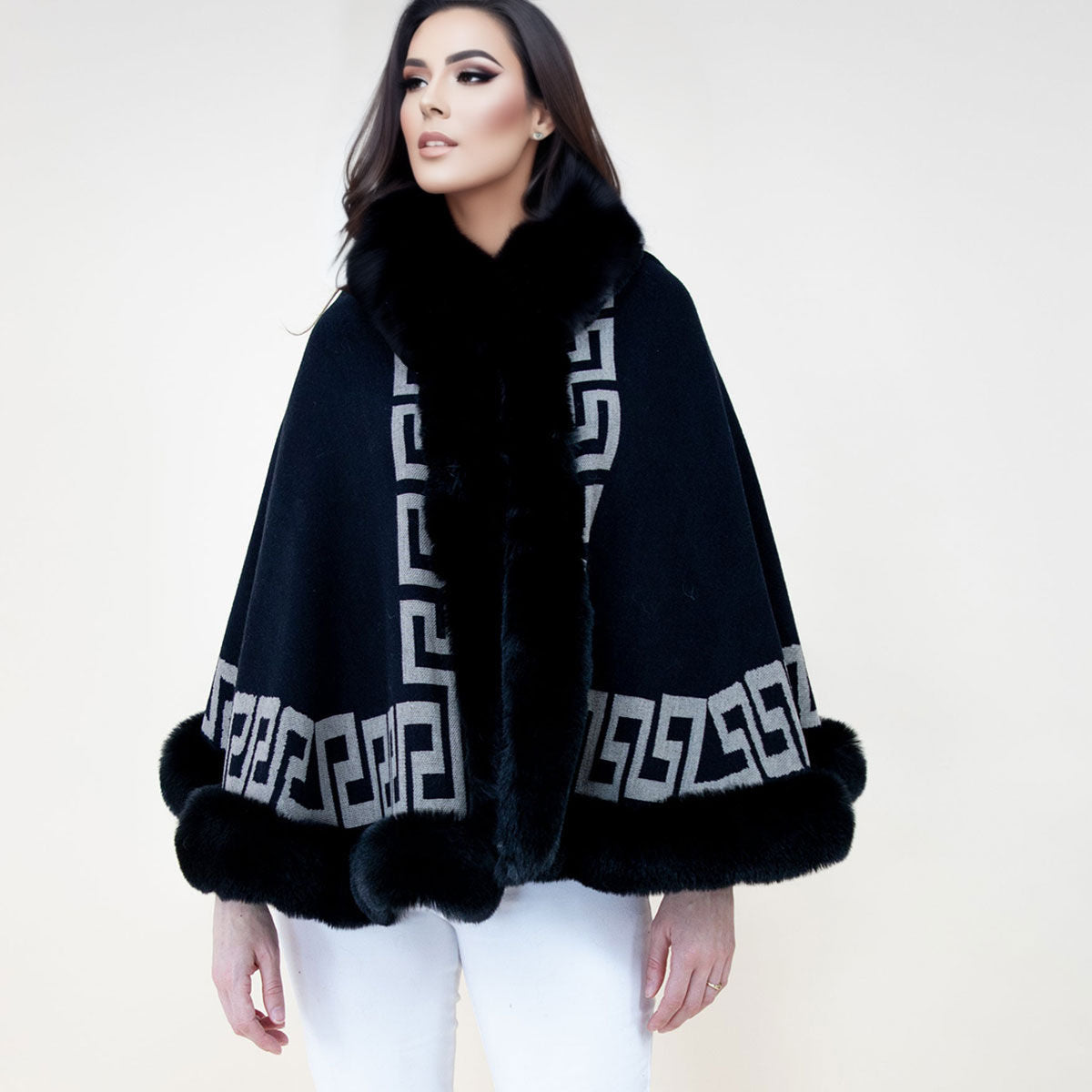 Shawl Cape Ruana Black Greek Fur Wrap for Women